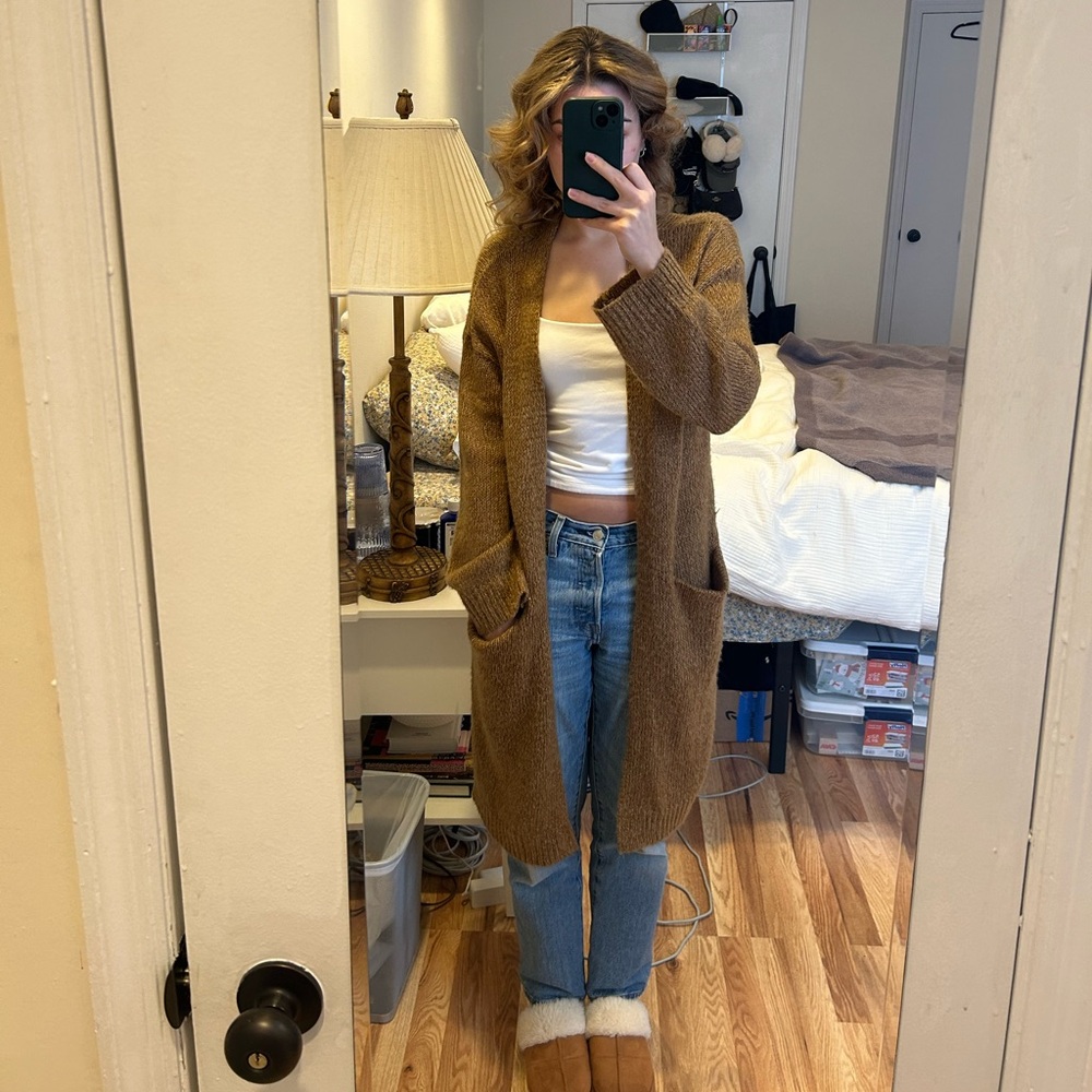 H&M Brown Knee-Length Cardigan Sweater
